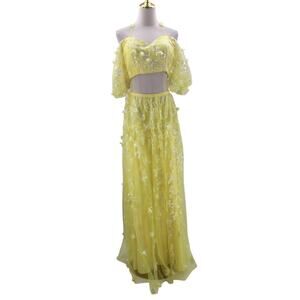 AW BRIDAL 8 M yellow 3d floral shimmer sequin prom maxi 2 pc set dress NEW B49